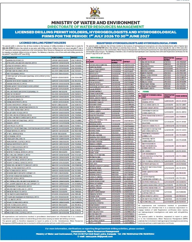 Lincensed Drilling Permit Holders, Hydrogeologists and Hydrogeological Firms for the period: 1st July 2026 to 30th June 2027