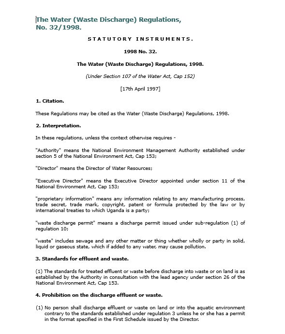 The Water Waste Discharge Regulations 1998