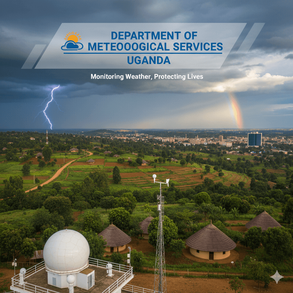 A weather radar dome and observation mast above a Ugandan landscape